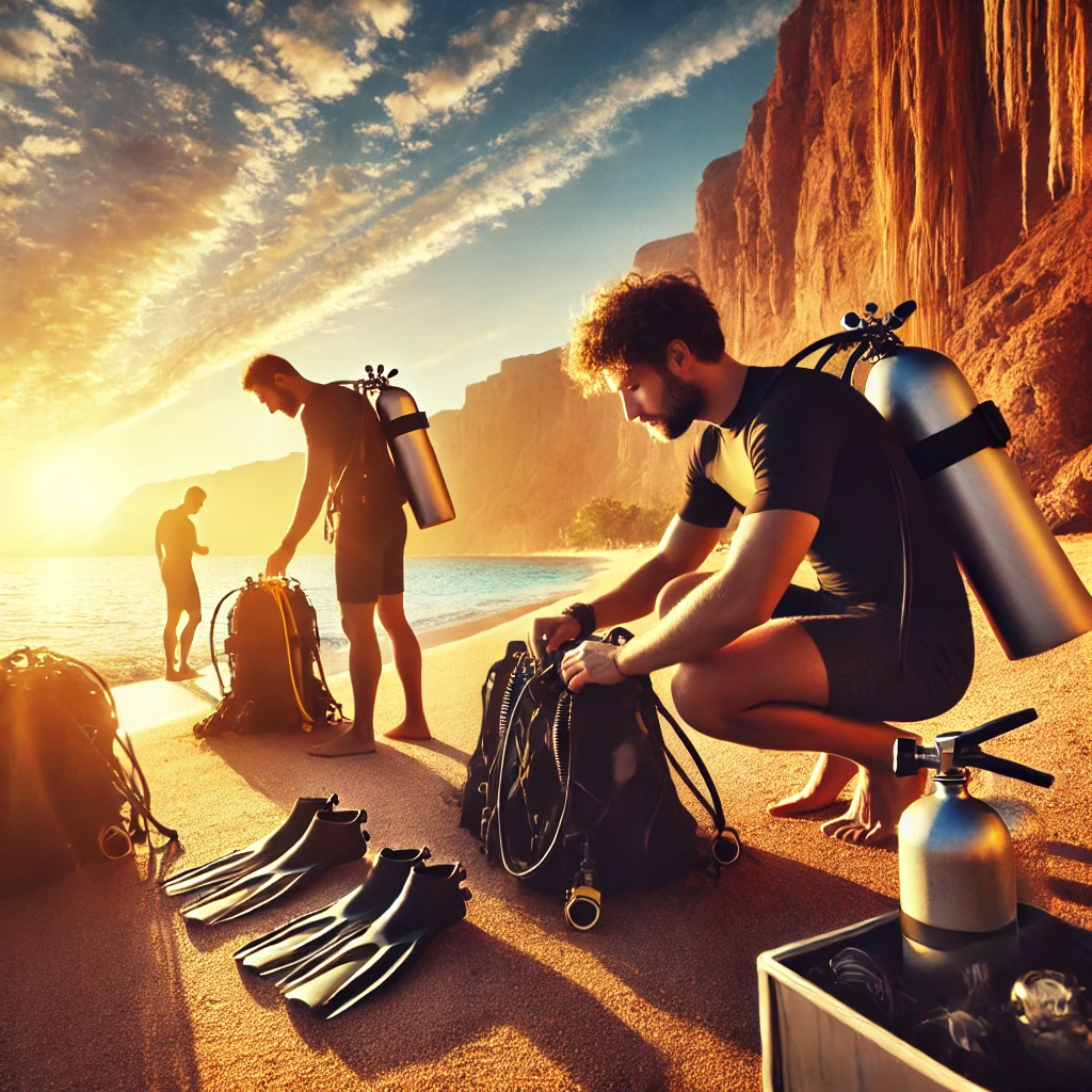 Ocean Gear Rentals team preparing diving equipment